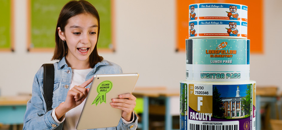 Student with education labels.